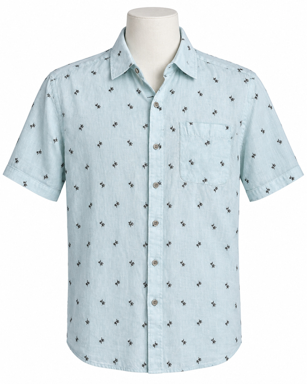 Saks Fifth Avenue Men's L Blue Hawaiian 100% Linen Shirt Short Sleeve Palm Tree